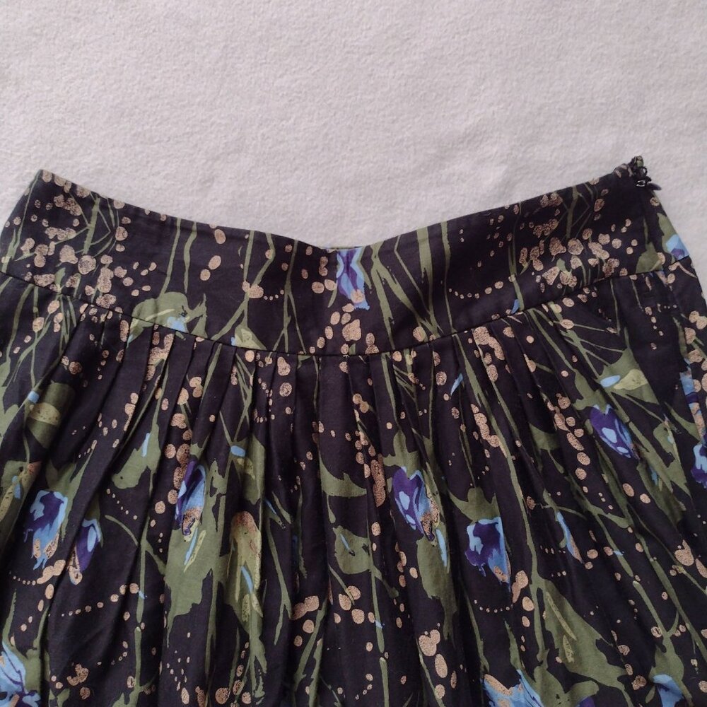 Ann Taylor Loft Floral Full Skirt S6 Black Blue Green Metallic Cotton w Pockets - Picture 3 of 8